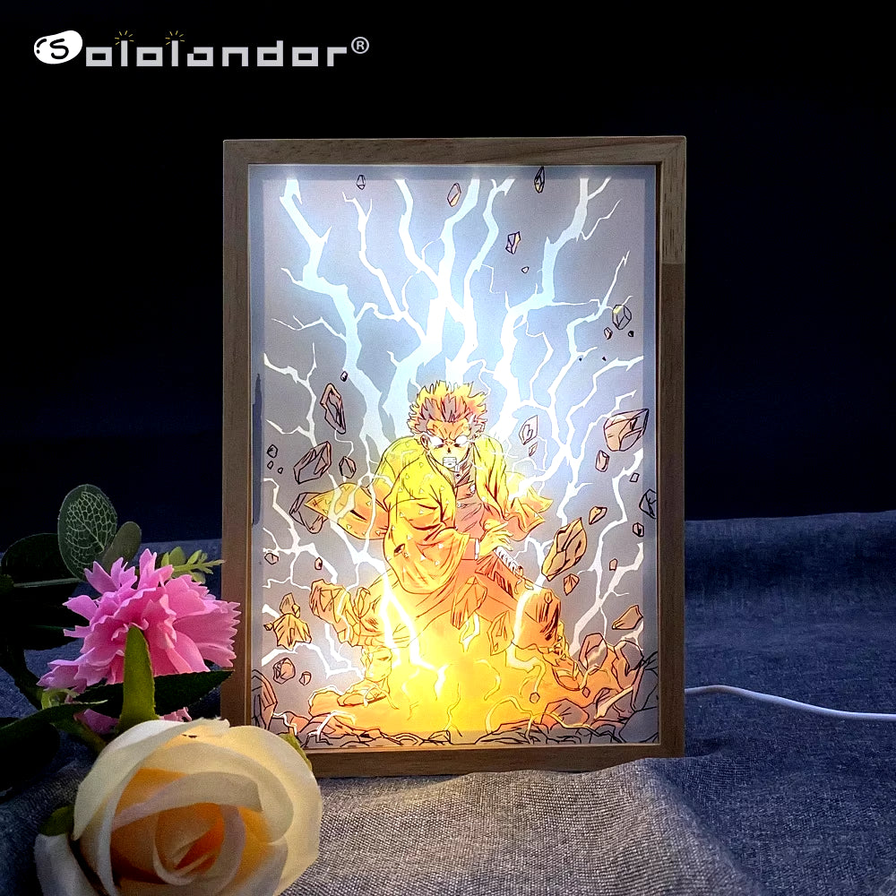 Anime Kimetsu No Yaiba Painting Design 3D Night Lights LED 3 Colors Wood Photo Frame Light Bedroom Decor Lamp Agatsuma Zenitsu