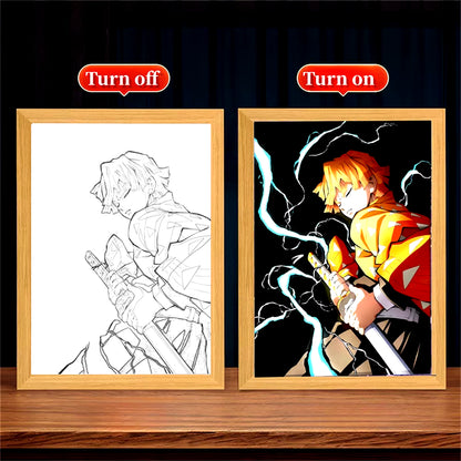 Anime Light Painting Moon Lamp Kyojuro Rengoku Kimetsu Demons Slayer Led Photo Frame for Room Wall Art Hoom Deco No Yaiba Gifts