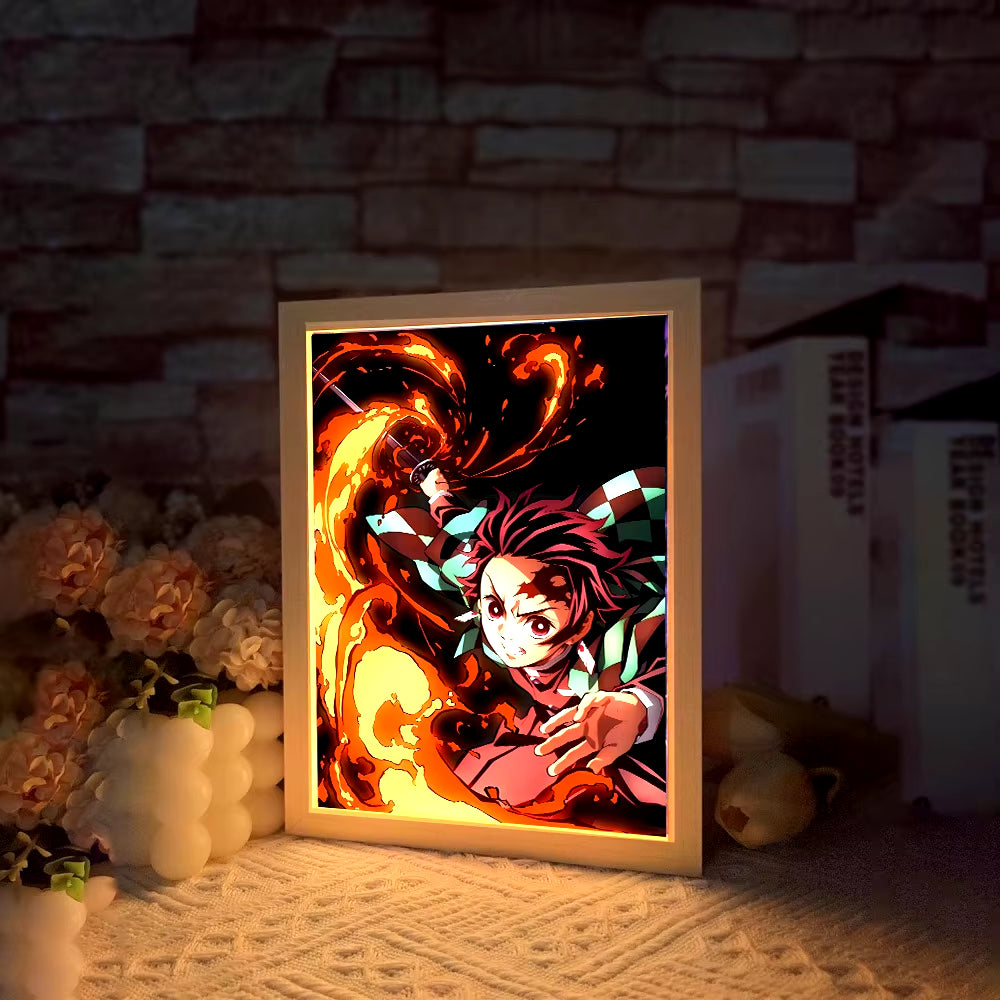 Anime Light Painting Moon Lamp Kyojuro Rengoku Kimetsu Demons Slayer Led Photo Frame for Room Wall Art Hoom Deco No Yaiba Gifts