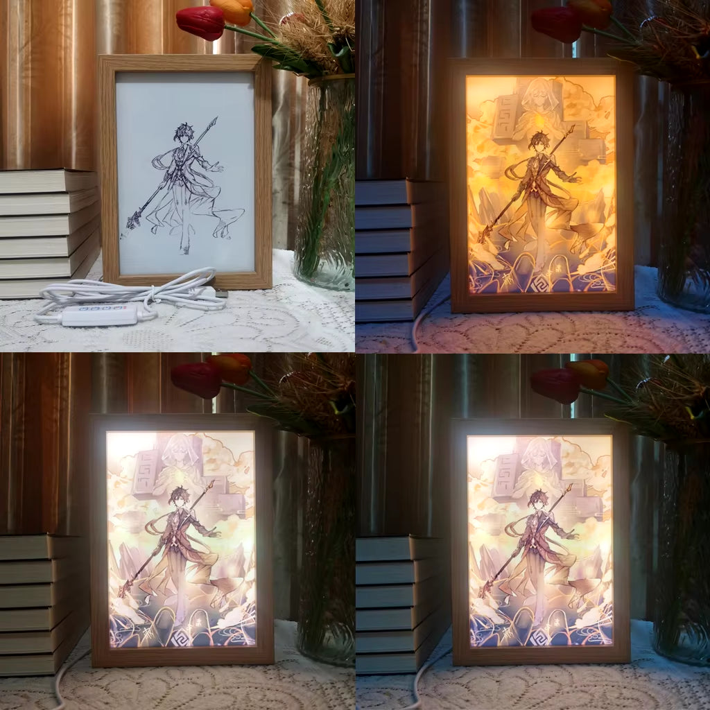 Anime Led Photo Frame Lamp Genshin Impact Ningguang Xiao Art Painting Design Night Light Attack Titan Home Decor Kid Room Gift