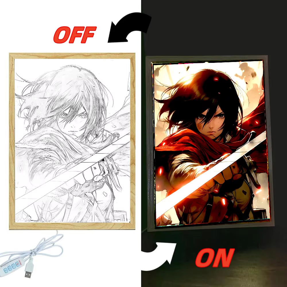 Attack on Titan Anime Figure Light Painting Photo Frame Levi Mikasa Action Collection Led Night Light Christmas 2024 Kids Gifts