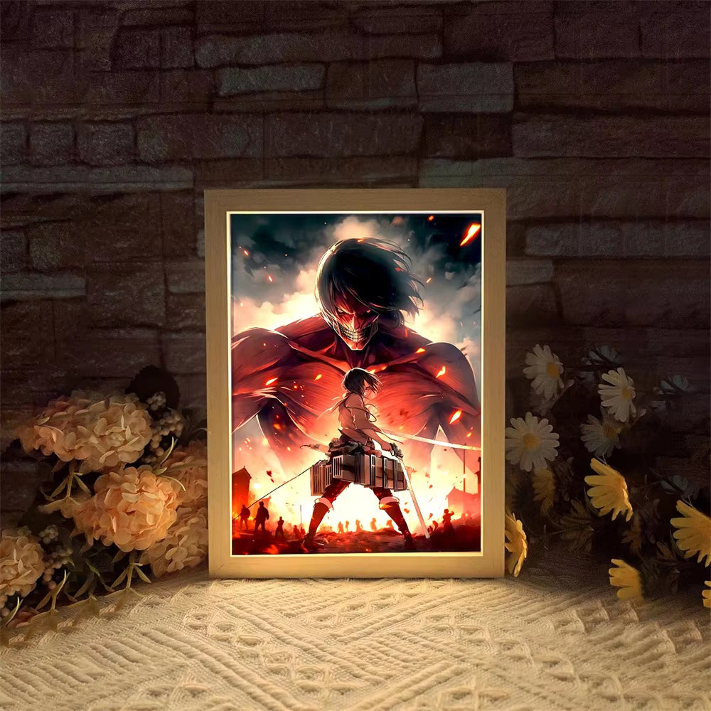 Attack on Titan Anime Figure Light Painting Photo Frame Levi Mikasa Action Collection Led Night Light Christmas 2024 Kids Gifts