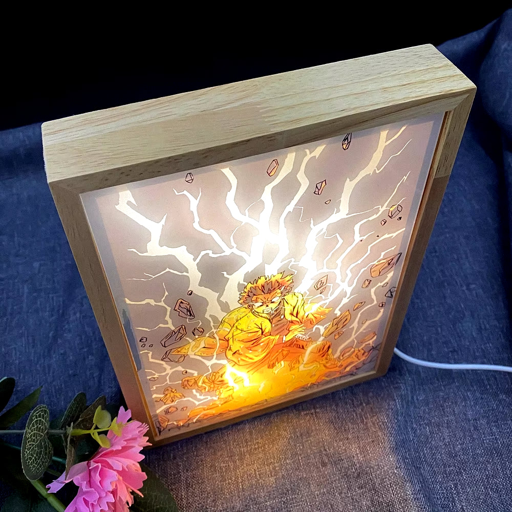 Anime Kimetsu No Yaiba Painting Design 3D Night Lights LED 3 Colors Wood Photo Frame Light Bedroom Decor Lamp Agatsuma Zenitsu