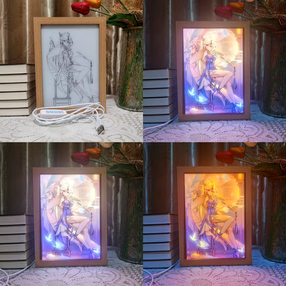 Anime Led Photo Frame Lamp Genshin Impact Ningguang Xiao Art Painting Design Night Light Attack Titan Home Decor Kid Room Gift