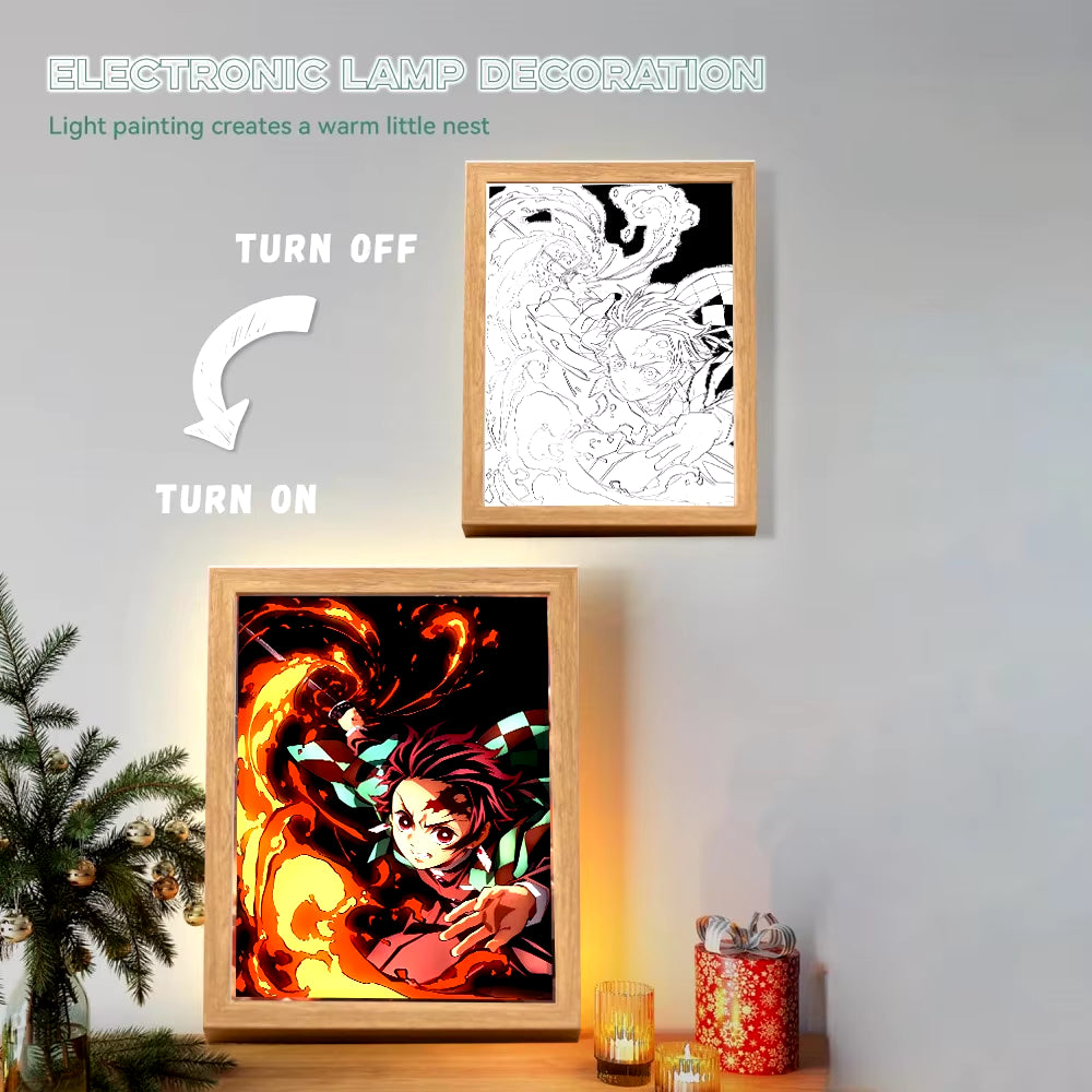 Anime Light Painting Moon Lamp Kyojuro Rengoku Kimetsu Demons Slayer Led Photo Frame for Room Wall Art Hoom Deco No Yaiba Gifts